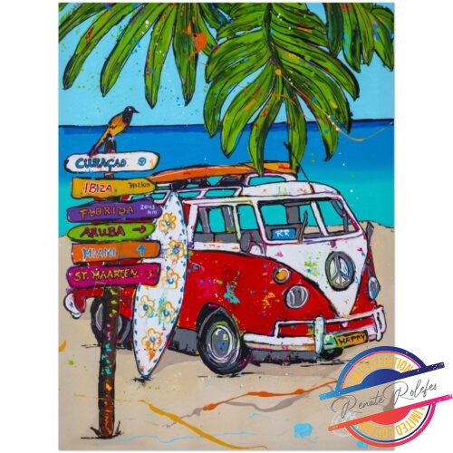 Poster VW on the beach with bird - Happy Paintings