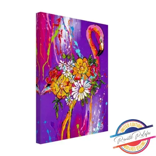 Kunstdruk Flamingo met bloemen - Happy Paintings