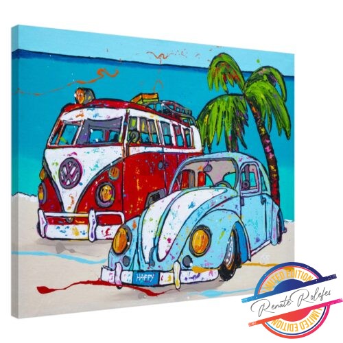 Art Print VW Beetle and Transporter on the beach - Happy Paintings