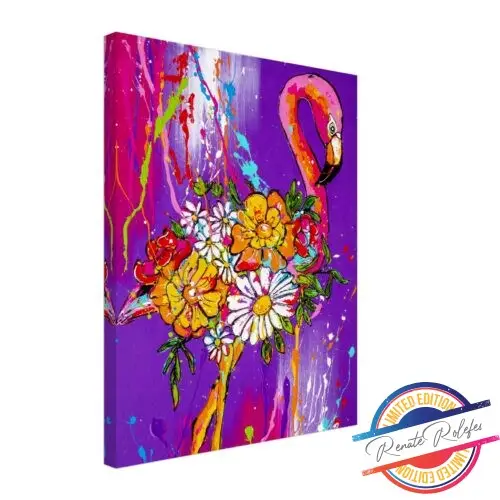 Kunstdruk Flamingo met bloemen - Happy Paintings