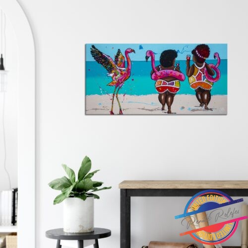 Art Print Flamingo and ladies chilling on the beach