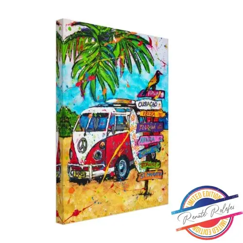 Kunstdruk VW busje op het strand II - Happy Paintings