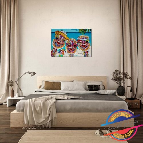 Art Print Happy Ostriches on the beach- Happy Paintings