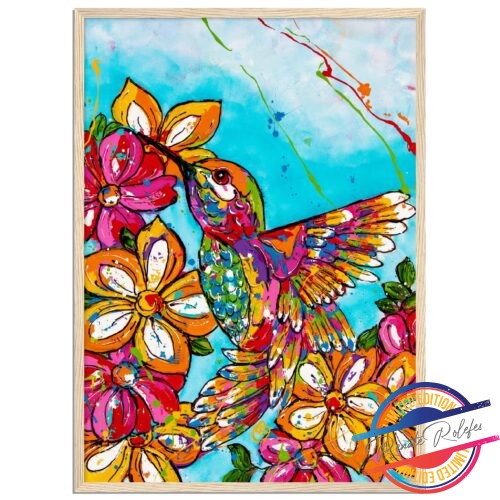 wooden-framed-poster-hummingbird-with-flowers
