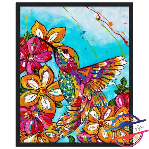 Wooden Framed Poster Hummingbird with flowers