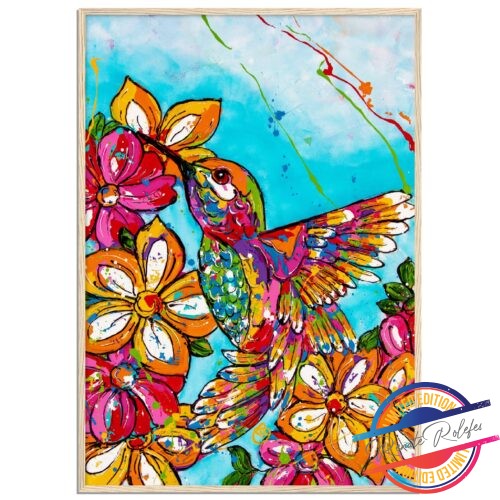 wooden-framed-poster-hummingbird-with-flowers - Happy Paintings