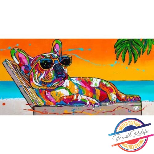 Painting Bulldog Chilling on the Beach