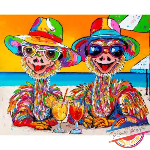 colorful painting wit two funny ostriches on the beach with cocktails