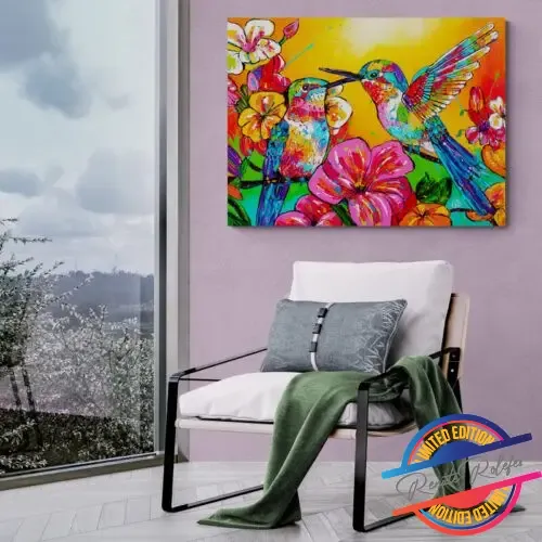 livingroom with a colorful painting of two hummingbirds with tropical flowers