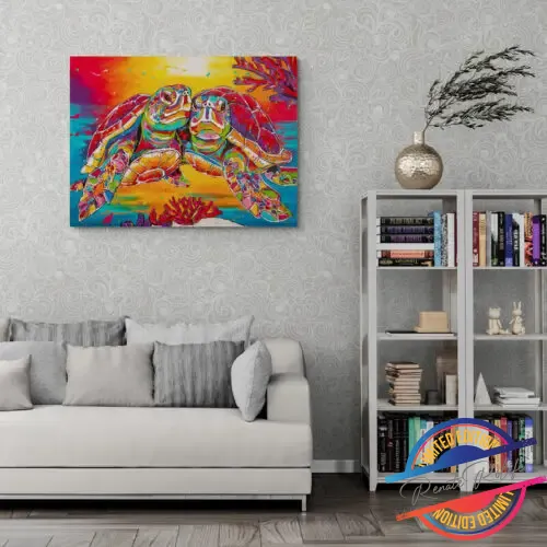 livingroom wit =h a colorful painting of two Sea Turtles in love underwater