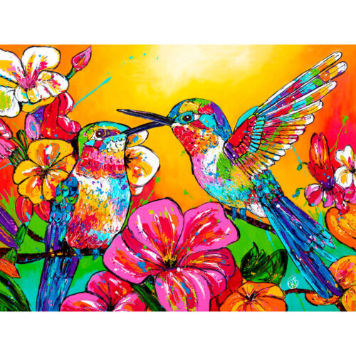 Painting of two hummingbirds with flowers in pink, orange and yellow