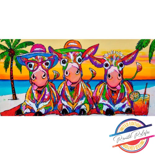 Painting Sunset Siesta: Three Donkeys on the Beach